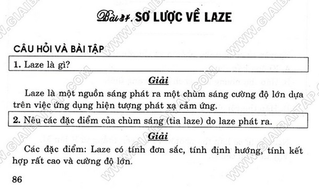 Giải Vật lý 12 Bài 34: Sơ lược về Laze